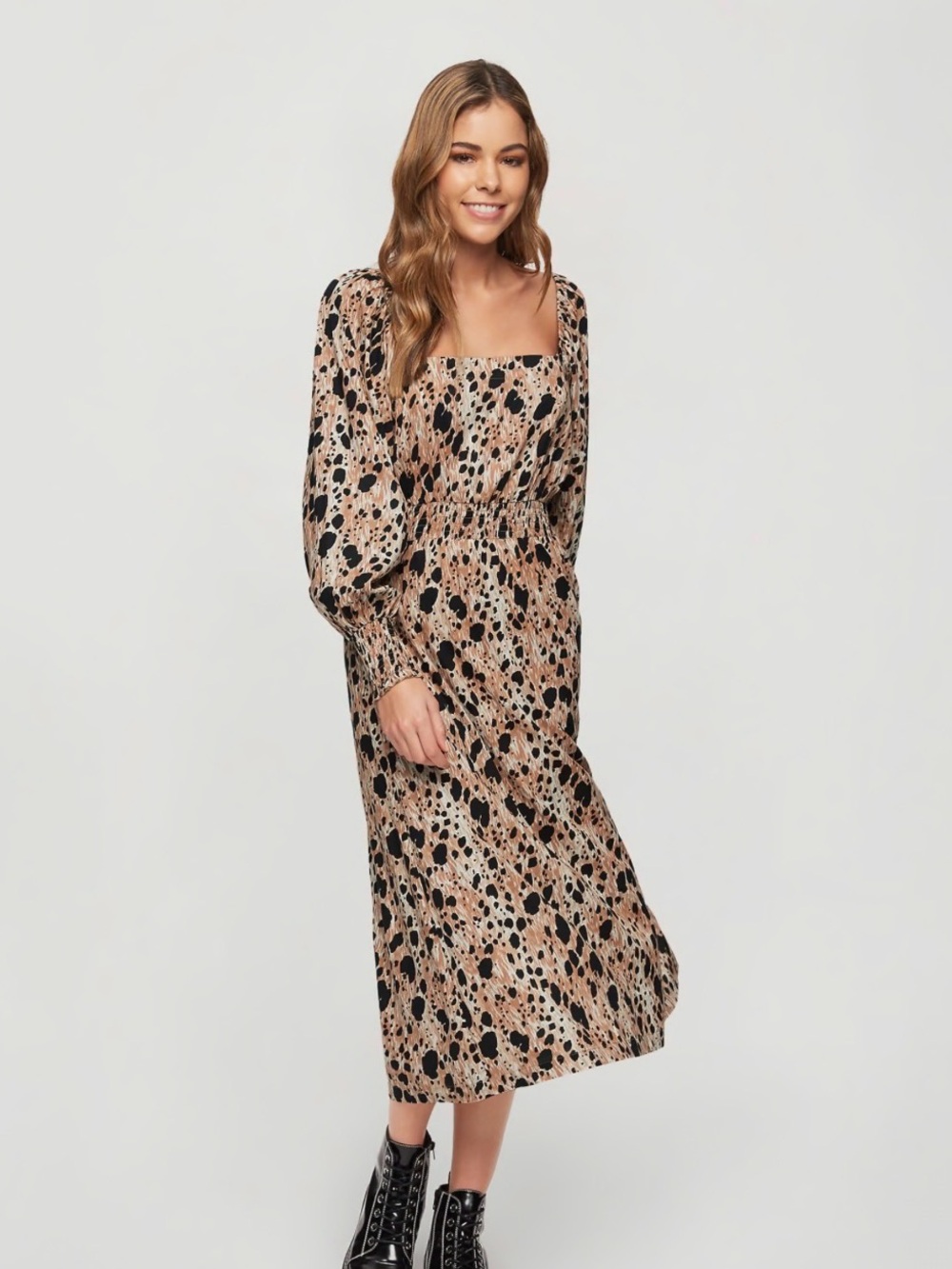 Miss Selfridge shirred midi dress in animal print size 8